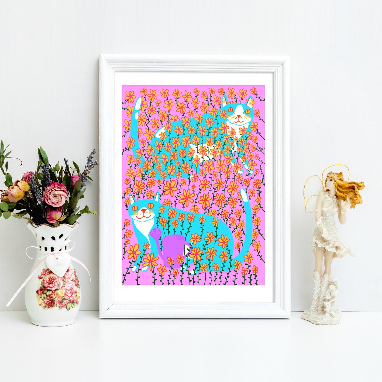 Two Blue Cats In The Flowers - Art Print