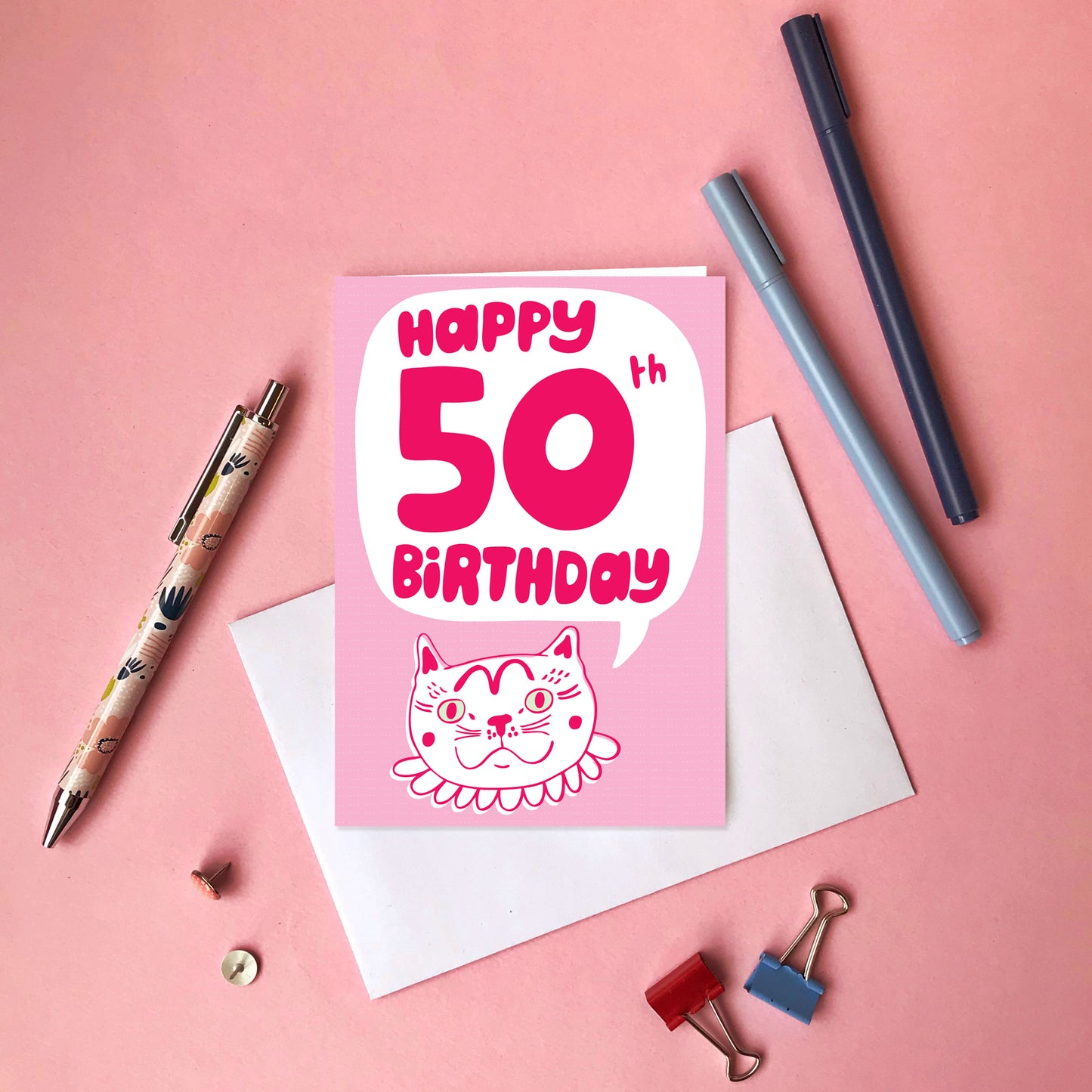 Pink Cat Birthday Card - Milestone Birthday Card