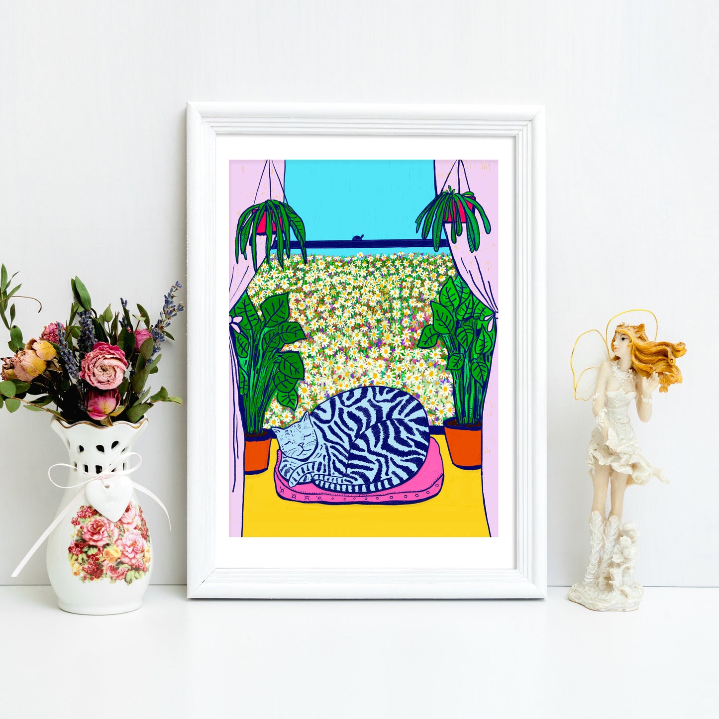 Cat And Flowers - Art Print