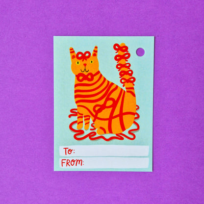 Gift Tags - Orange Cat Red Ribbon - Pack Of 15