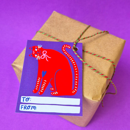 Gift Tags - Red Cat Sideways Head - Pack Of 15