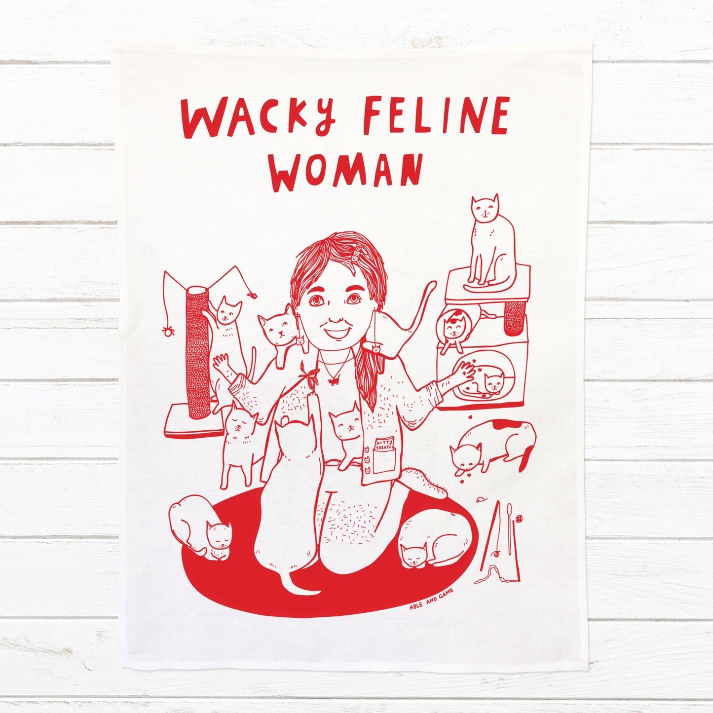 Wacky Feline Woman - 100% Linen Tea Towel